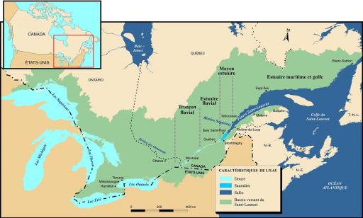 Map indicating the Great Lakes-St. Lawrence drainage basin in green, along with the different sections of the St. Lawrence.