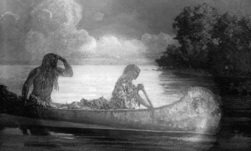 Two people in a bark canoe under a cloudy sky, not far from a wooded shore. One of them is paddling.