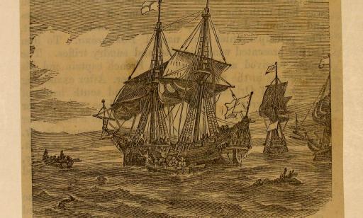 Sailors row a boat towards the shore, while others leave a galleon to board another rowboat.