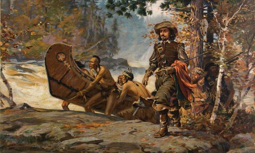 Des Amérindiens tirant un canot d’écorce sur la berge sont accompagnés d’hommes barbus, vêtus à la française et armés.