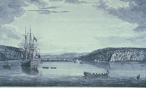 British navy men take rowboats from a ship moored offshore to a steep shoreline. 