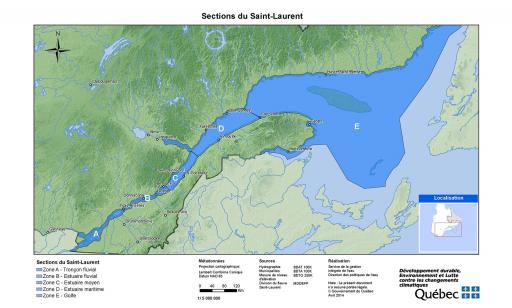 Map indicating the different sections of the St Lawrence, marked A through E, as well as the names of certain cities.