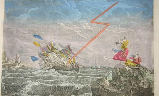 Black and white engraving, accented with colour, showing a ship being struck by lightning as it pitches on a raging sea.