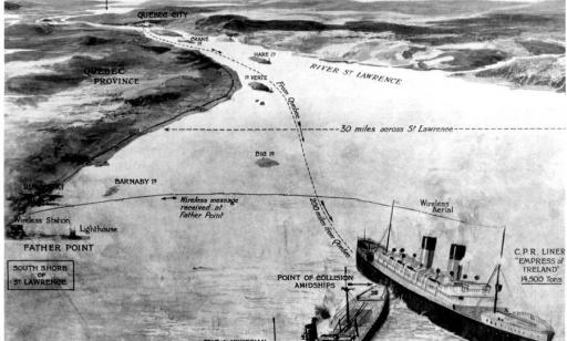 Reconstitution dessinée de la scène de la collision entre les deux navires qui indique les noms des lieux à proximité.