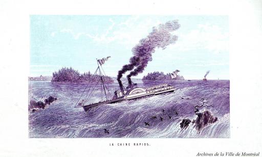 Coloured print of a paddle steamer on the Lachine Rapids, circa 1880. Black smoke rises from its two smoke stacks.