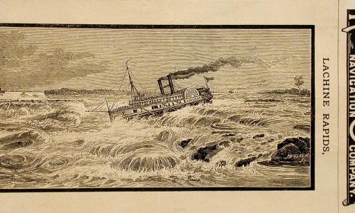 Black and white print on beige paper of the steamboat Corsican on the turbulent waters of the Lachine Rapids.