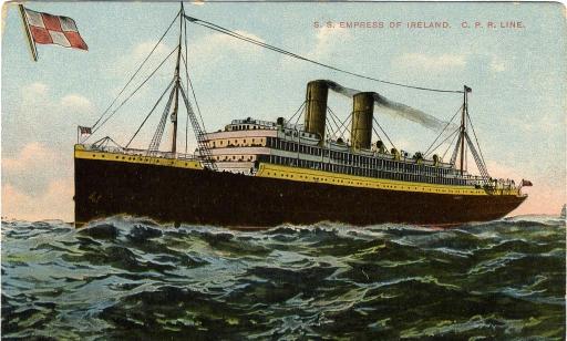 Colourized image of an ocean liner on turbulent waters. Black smoke rises from its two stacks.