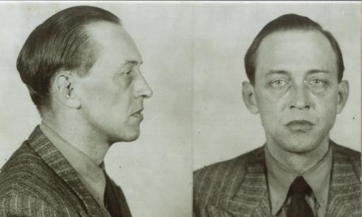 Two black and white photos, in profile and head-on, of a man with light eyes and dark hair wearing a striped jacket.