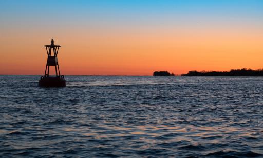 A buoy and a wooded shoreline silhouetted against the pink and orange dawn sky.