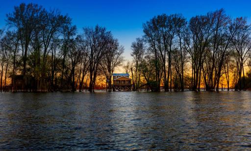 Des chalets sur pilotis et des arbres indiquent la présence d’une île recouverte d’eau lors des inondations printanières.