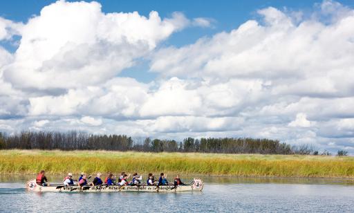 In the summer, 17 people paddle a Rabaska canoe past a marsh surrounding a wooded island.