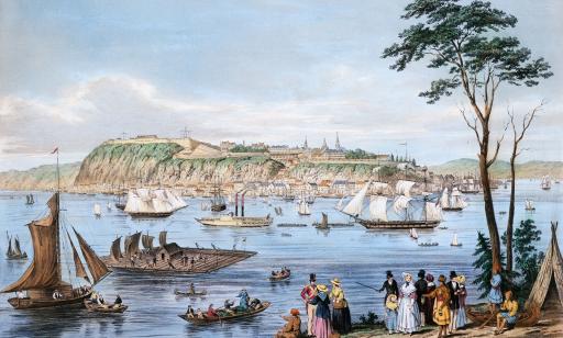 Strollers on the shore observe many sailing ships, steam boats and canoes, as well as a large wooden raft, on the river.