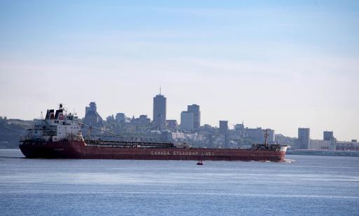 An enormous conveyor boom on a cargo ship's deck. The city can be seen in the background.