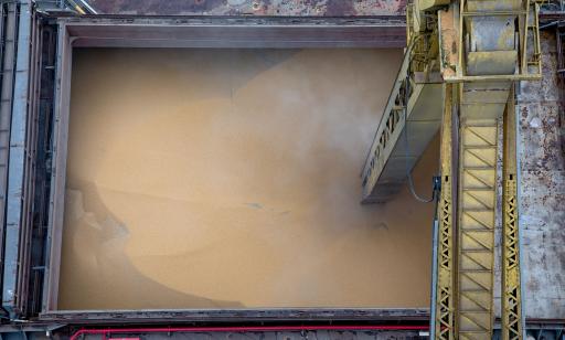 Close-up view taken from above a bulk carrier showing a metal structure entering a hold full of grain.