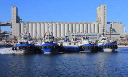 Blue and white tugs moored in a basin. The Ocean Group building and several enormous silos can be seen in the background.