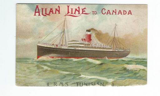 An ocean liner with a black, white and red smokestack and a black hull sails on the water.