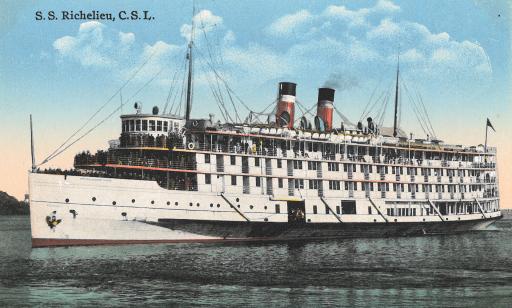 Colorized photo of passengers on the decks of a white ship with two red, white and black smokestacks.