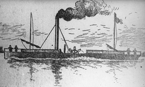 A boat on the water with five passengers. It is fitted with a smoke stack, paddlewheels and two furled sails.