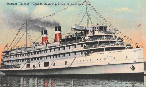 Colorized photo of a white ship decked in flags. Smoke rises from its two red, white and black stacks.