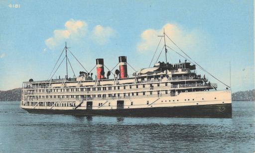 Colorized photo of a white ship, with two red, white and black smokestacks, sailing on the river.