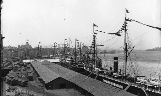 Several ocean liners decked in flags, moored by the buildings on a wharf. The city can be seen in the distance.