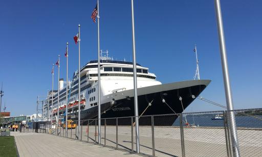 A large black and white cruise ship is moored at a wharf, where the flags of many countries fly on flagpoles.