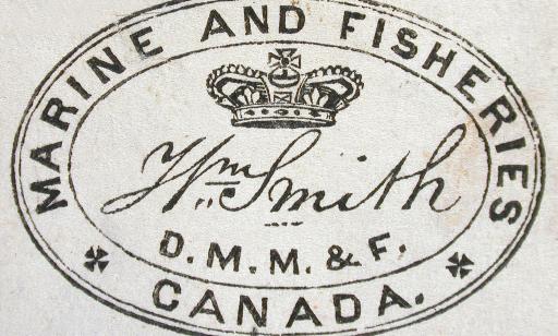 An oval seal with "Marine and Fisheries Canada" around the edge and a crown and the inscription "HM Smith" in the centre.