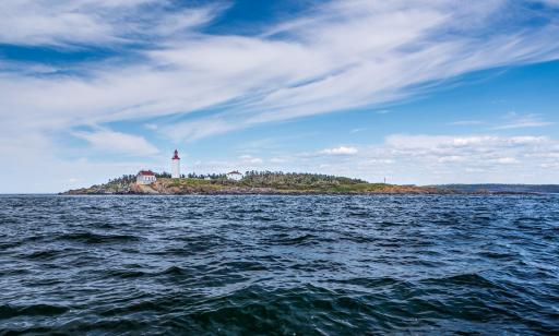 View from the water of a lighthouse, a house and a few outbuildings on a distant rocky island with trees in the middle.