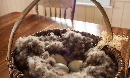 A wicker basket, holding three eggs and lots of light brown down, sits on a wooden dining room table.