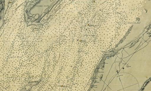 A map on yellowed paper of the St. Lawrence near Île aux Coudres showing the Northern, Middle and Southern Channels.