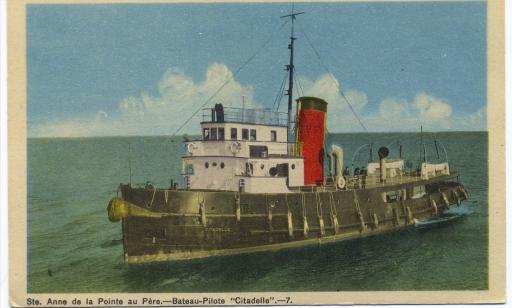 Colourized black and white photo of a boat with a red smokestack sailing on the water.