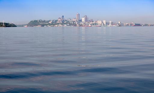 View from across a wide stretch of water of cargo ships at the port, skyscrapers, a headland and ramparts.